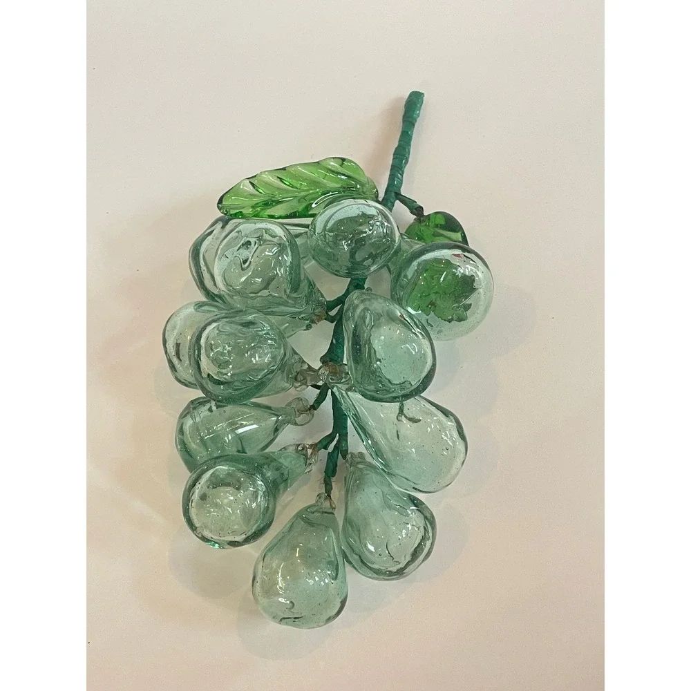 Vintage Hand Blown Glass Grape Cluster Seafoam Green MCM Decorative Fruit Leaf